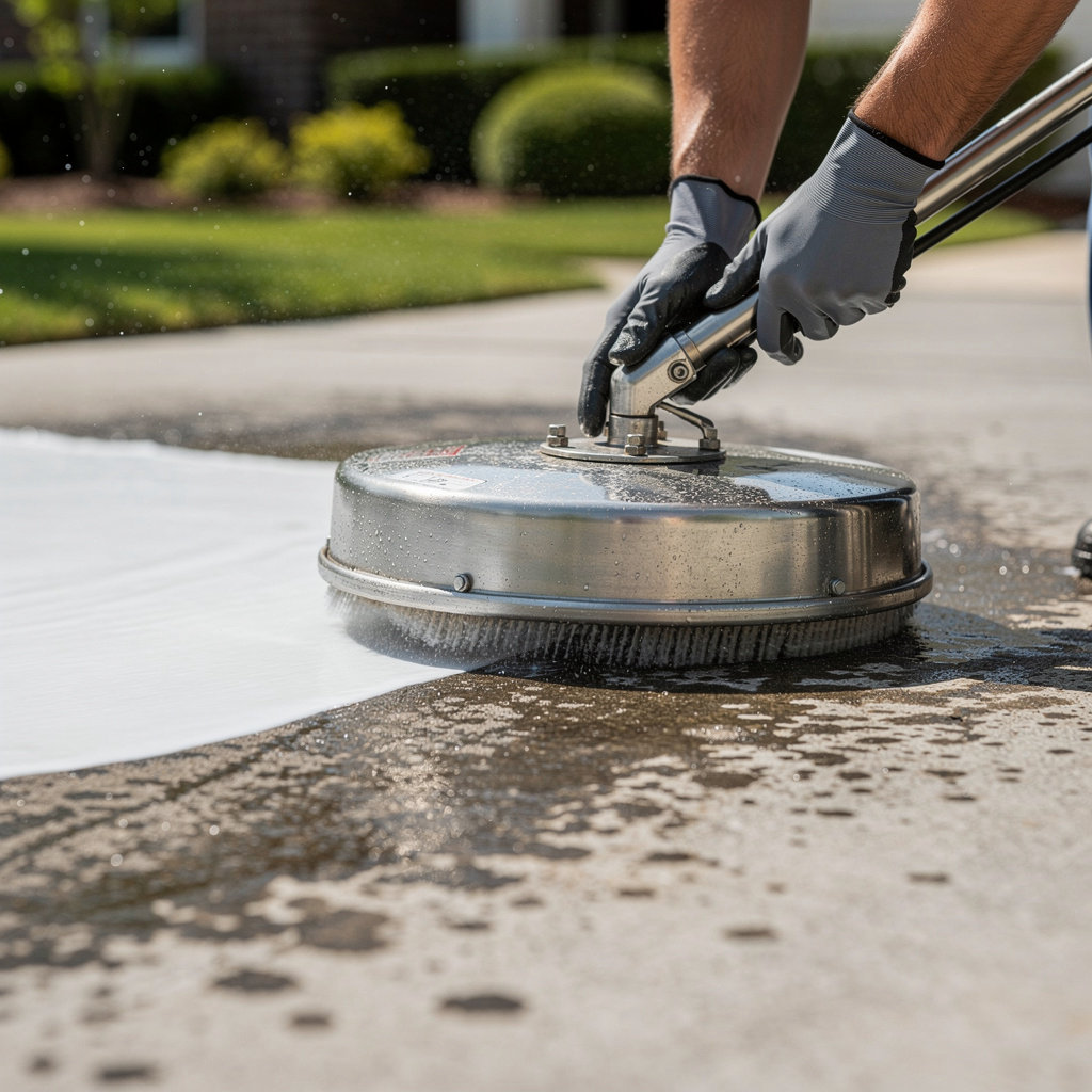 Charlotte Pressure Pros cleaning a concrete driveway in Charlotte NC, removing oil stains and restoring the surface