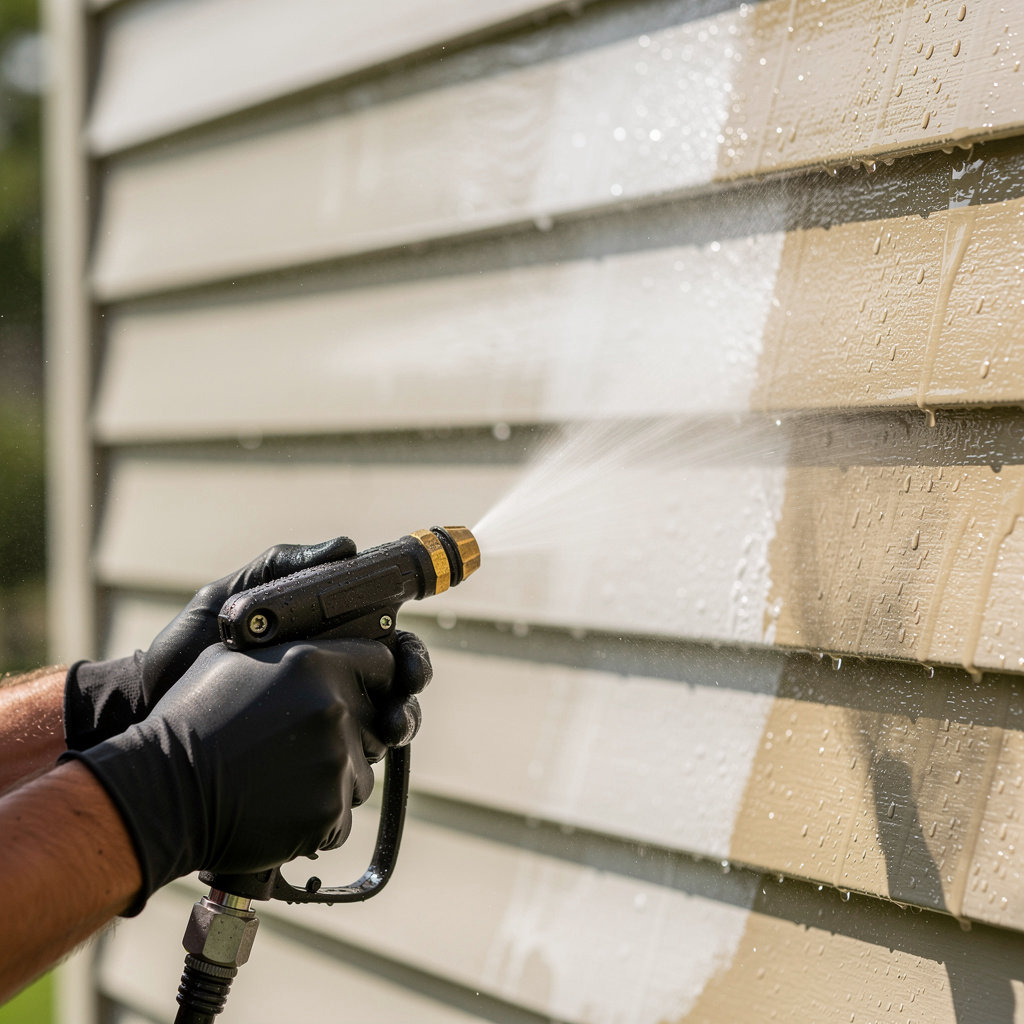 Charlotte Pressure Pros soft washing a home exterior in Charlotte NC, using eco-friendly methods for safe cleaning